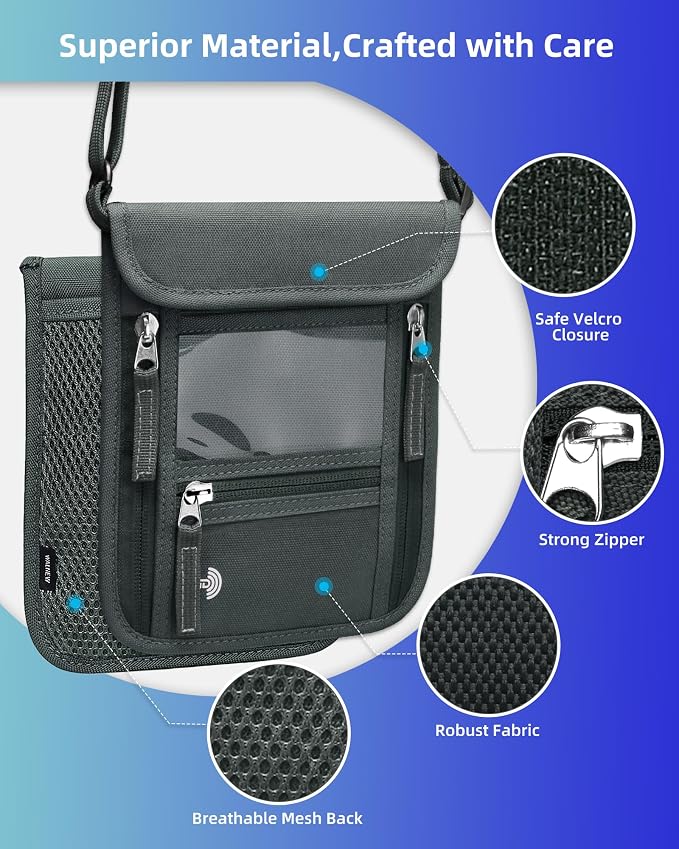 WALNEW Passport Holder Neck Pouch Travel Wallet for Women and Men, RFID Blocking Security Slim Traveling Wallet with Around Neck Lanyard Strap, Gray | Around Neck Lanyard Strap, Travel Safety Anti Theft Bag, Neck Wallet for Traveling Women Men