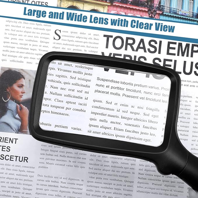 Folding Handheld Magnifying Glass with Light, 5X Large Rectangle Reading Magnifier with Dimmable LED for Seniors with Macular Degeneration, Newspaper, Books, Small Print, Lighted for Low Visions Black