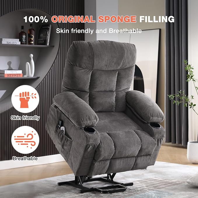 MAHOMICO Power Lift Recliner Chair for Elderly with Vibration Massage and Lumbar Heating,Electric Lift Recliner Single Sofa with Side Pocket,Two Cup Holders and USB Charge Port for Living Room