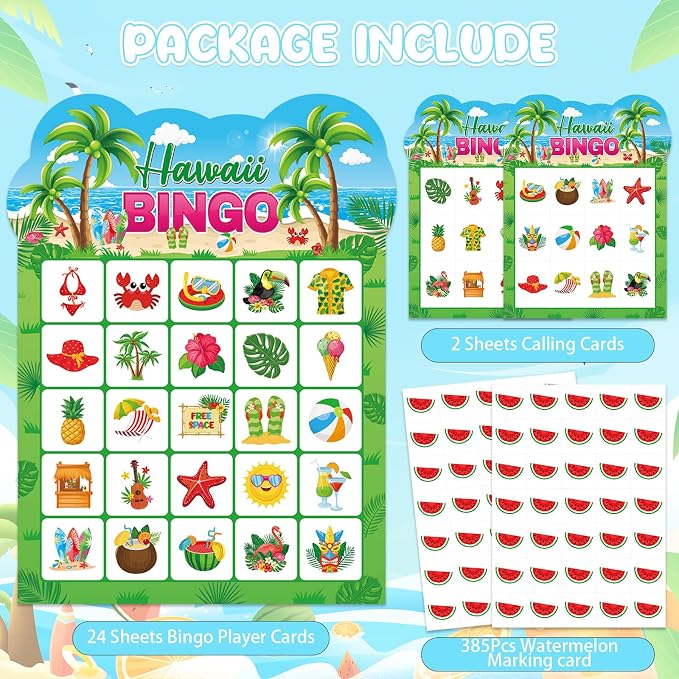 Summer Bingo Game Cards, 24 Players Tropical Hawaiian Bingo Cards for School Classroom Family Activities Summer Party Favors Supplies