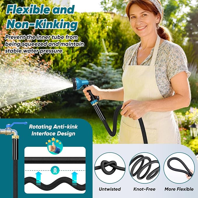 Garden Hose 100FT, Non-Expanding Lightweight Water Hose With 10-Function Nozzle, Leak-Proof, No-Knot, Easy to Carry and store, Wear-Resistant, Sturdy, 3/4GHT, Designed for Garden, Yard, Outdoor