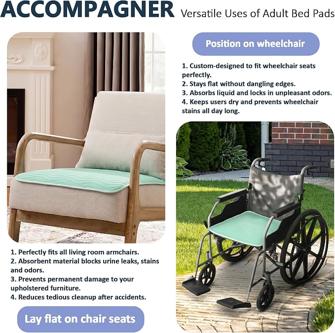 Accompagner Incontinence Bed Pads Washable Waterproof, Ultra-Absorbent Reusable Underpads for Diaper Changing, Nursing, Bedridden, Adults, Seniors, Kids and Dogs (Green, 24"x24"(Pack of 4))