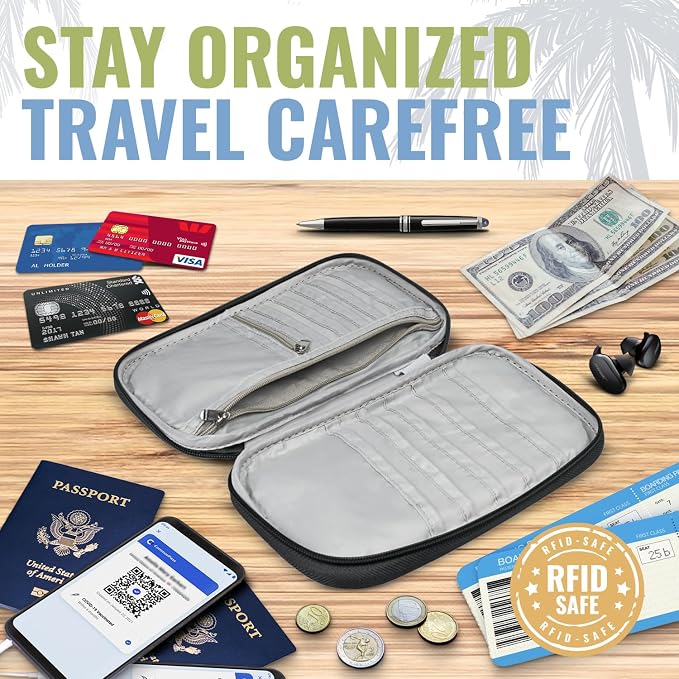 Travel Document Organizer with RFID, Family Passport Holder, Wallet for Women & Men, Portable & Waterproof Case for Cards, Boarding Pass, Money