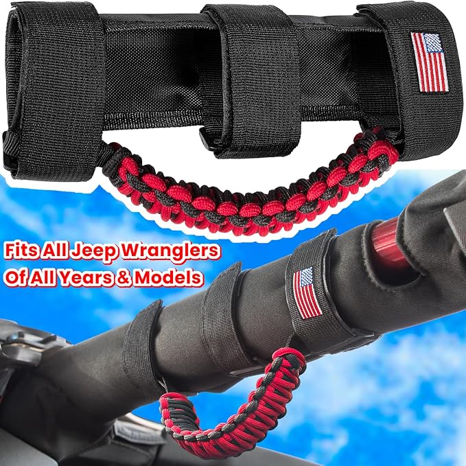 4 x Roll Bar Grab Handles Grip Handle for Jeep Wrangler JK JKU JL JLU TJ YJ Sport Sahara Freedom Rubicon Unlimited Gladiator JT 1955-2023 UTV ATV Premium Paracord Interior Accessories US Flag (Red)