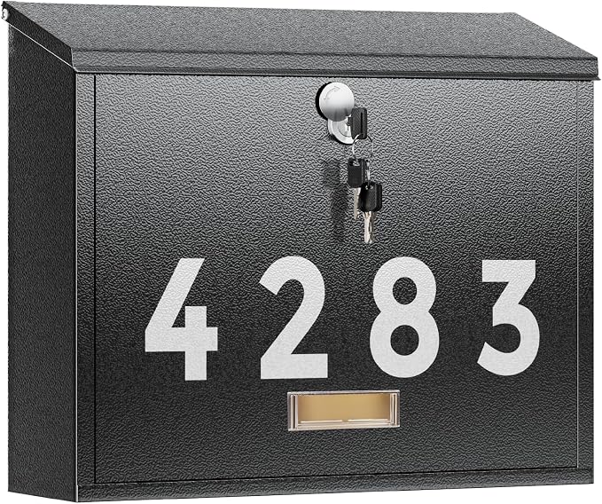 LAND·VOI Locking Wall-Mount Mailbox for Outside, with 4 Keys, Galvanized Steel Rustproof Metal Postbox, 4" Dx13.8 Wx11.2 H, Includes 3 Sets of Mailbox Numbers, Nameplate, Black, AMB33B