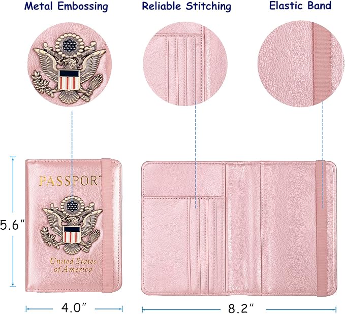 TOURSUIT RFID Blocking Passport Holder, Leather Travel Wallet, Rose Gold | Travel Document Holder Cover Accessories, 3D Metal Badge, For Women Men
