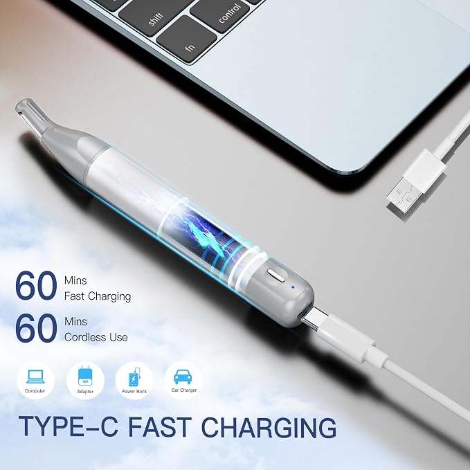 HEBECA Nose Hair Trimmer for Men Women 2in1 Facial Hair Removal Trimmer - Metal Body, Rechargeable, Waterproof, Portable - Nose, Ear, Eyebrow, Peach-Fuzz, Lips, Chin (Silver)