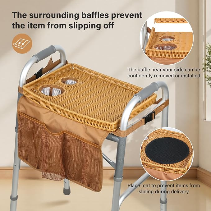 Walker Tray for Folding Walker, Handmade Rattan Trays for Walkers for Seniors Detachable with Cup Holder,Walker Trays for Rolling Folding Walker,Walker Accessories for Elderly