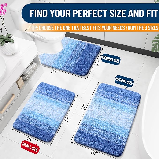OLANLY Bathroom Rug Set 2 Piece, Soft Absorbent Microfiber Bath Rug Set, Non-Slip, Machine Wash Dry, Plush Shaggy Bath Mats for Bathroom (30"x20"+24"x16", Light Royal Blue)
