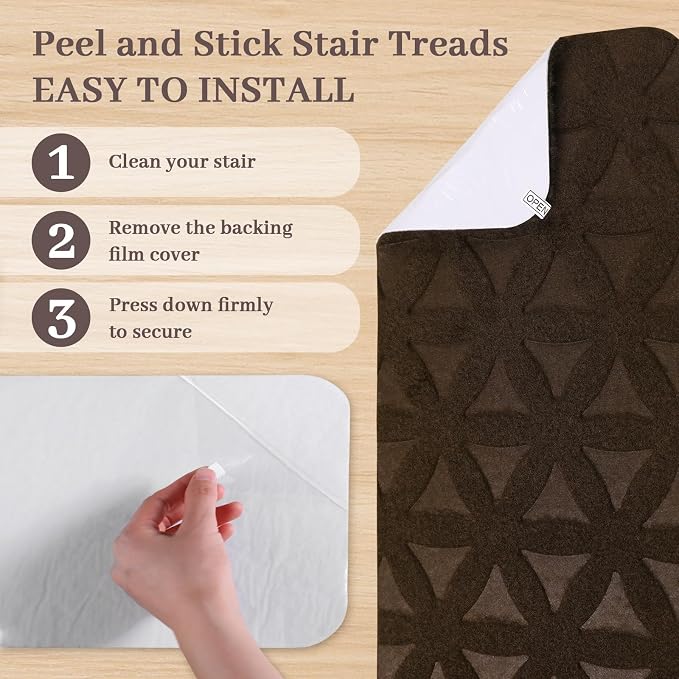 RIOLAND Non-Slip Carpet Stair Treads for Wooden Steps Indoor, 8" X 30", 15 Pack Peel and Stick Stair Treads Runners for Kids Elders and Pets, Brown