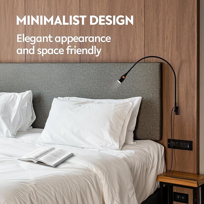 acegoo Wall Mounted Minimalist Bedside Reading Light, Wooden Headboard Mount Flexible Neck Book Light, Handy Lamp Head Switch, CRI 98+ 4000K LED, Powered by USB