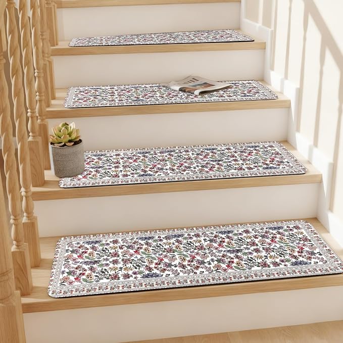 Vintage Floral Stair Treads Non Slip Carpet Stair Treads for Wooden Steps Indoor 15PCS 30"x8" Stair Runner Stair Mats Safety Staircase Step Treads for Elders Kids Dogs White