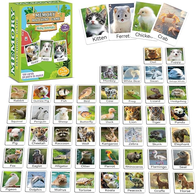 gisgfim 100 PCS Memory Matching Game Animal Babies Concentration Memory Card Educational Game for Kids Adults A Fun & Fast Baby Animals Game Toddlers Preschool Family Board Gift Matching Games