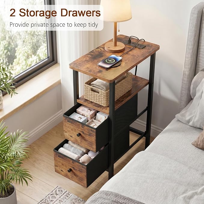 Narrow End Table with Charging Station, Small Nightstand | Skinny Side Tables Living Room with 2 Fabric Drawers, Slim Bedside Table for Bedroom, Small Spaces, Couch, Brown