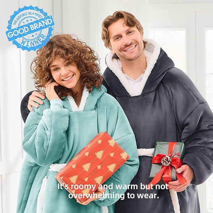 JOYWOO Wearable Blanket Hoodie,Oversized Cat Lovers Sweatshirt Blanket for Adult, Birthday Gifts for Women,Mom,Friend,Cozy Sherpa Hooded Blanket with Giant Pocket and Winter Gifts,Blue Gray Standard