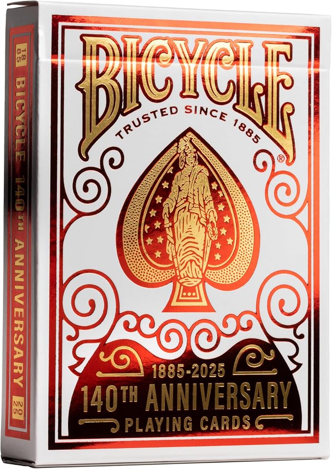 Bicycle 140th Anniversary Playing Cards Special Edition 1885 Design | Red and gold foil, Historic aces from 1885 artwork, Court cards marked with 1885 and 2025, Air Cushion Finish