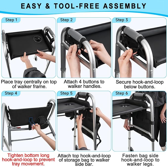 Walker Tray for Folding Walkers with Cup Holder & Side Bag, Adjutable Walker Tray Table Fits Most Standard Walkers, Non-Slip & Easy-Clean Leather Surface, Removable & Easy Assembly