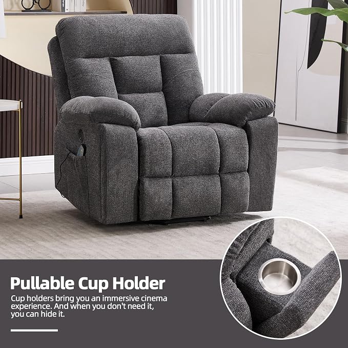 Large Power Lift Recliner Chair with Massage and Heat for Elderly Big and Tall People, Overstuffed Wide Recliners with 2 Cup Holders, Side Pocket and USB Port, Dark Grey
