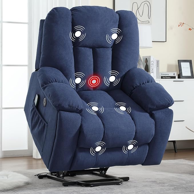 Power Lift Recliner Chair with Massage and Heat for Elderly, Overstuffed Wide Recliners, Heavy Duty and Safety Motion Reclining Mechanism with USB Ports, 2 Concealed Cup Holders, Navy Blue