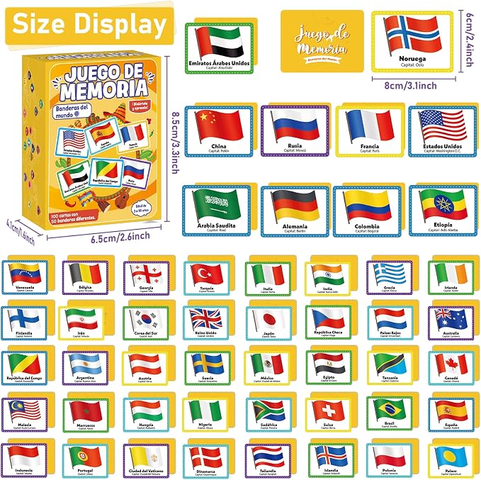 gisgfim 100 PCS Juego de Memoria de Banderas del Mundo en español para niños y adultos Flags of the World Memory Matching Games in Spanish Educational Matching Game Fun Fast Memory Game Gift Learning
