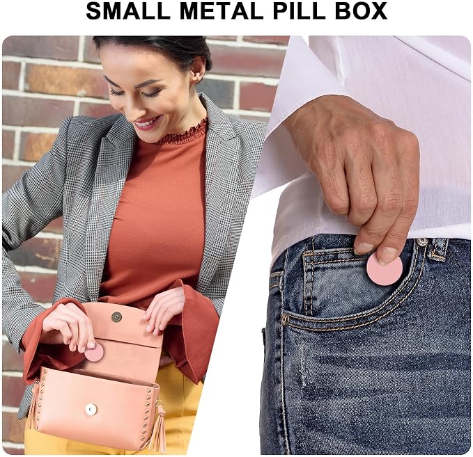 Small Pill Case Daily Pill Box - Portable Metal Pill Container for Pocket Purse, Single Waterproof Pill Holder for Vitamins, Cod Liver Oil, Medicine, Pill Organizer Pink