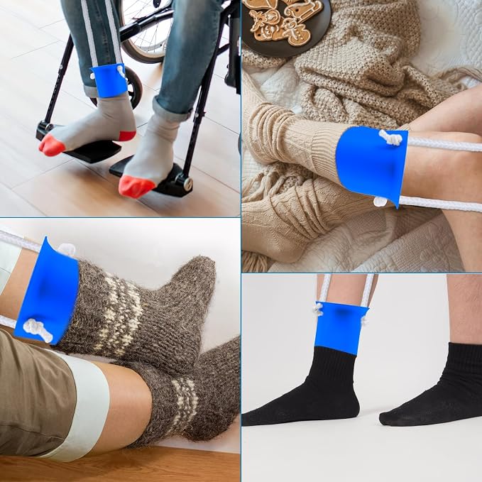 Jellas Sock Aid for Putting On Socks Kit,4.0 Inch Sock Helper for Seniors | Flexible Long Rope Design, Easy Put On Take Off Socks, Comfort Independence Helper, Blue