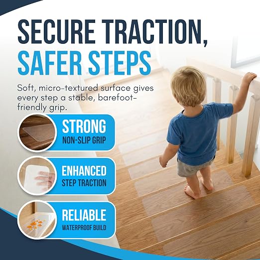 Clear Non Slip Stair Treads for Wooden Steps Indoor (20 Pack) - 24” x 4” Wide Transparent Stair Treads Non Slip, Self Adhesive Indoor Safety Strips for Wood Stairs, Stair Grips for Elderly