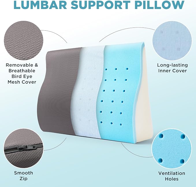 Dual-Layer Memory Foam Lumbar Support Pillow for Recliner, Grey | Back Support Cushion with Adjustable Strap & Washable Cover, Ergonomic Lumbar Pillow for Elderly Back Pain Relief Couch Sofa