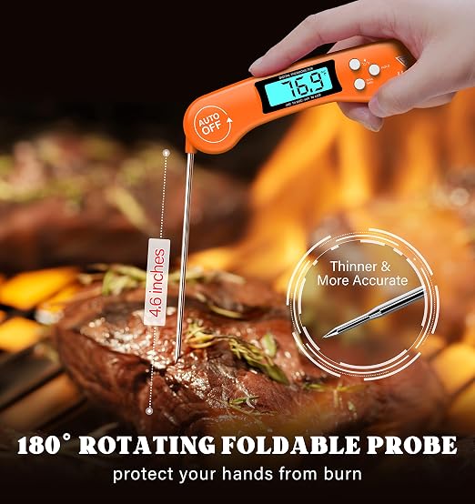 DOQAUS Digital Meat Thermometer, Instant Read Food Thermometer for Cooking | Backlit & Auto-Rotating Display, 4.6” Probe Perfect for Grilling, Baking, and BBQ Gift for Dad Men - Orange