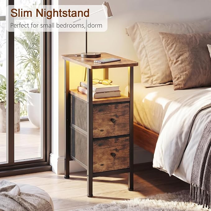 Narrow End Table with Charging Station, Small Nightstand | Skinny Side Tables Living Room with 2 Fabric Drawers, Bedside Table with LED Lights for Bedroom, Small Spaces, Rustic Brown