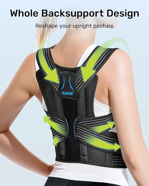 Rakiie Posture Corrector for Women and Men, Upgraded Back Brace with Enhanced Support, Shoulder Straightener with Cushioned Shoulder Pads & Underarm Pain Relief Strap, Size M (Underbust: 35.4"-41")