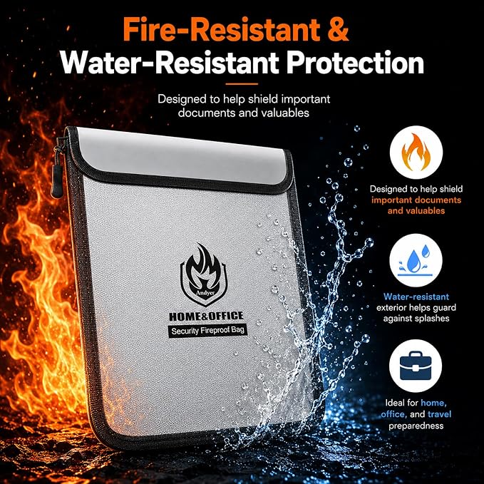 Andyer 4 Pack Fireproof Document Bags, Waterproof Document Pouch Holder with Zipper, Fire Proof Money Bag for Cash, Fireproof Envelope Fire Safe Bag, Fire Resistant Storage for Legal/A4 Size (Gray)