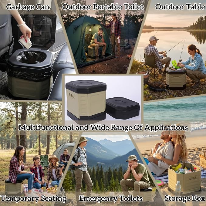 Upgrade Portable Toilet for Adults, Travel Floding Toilet with Lid for Adults & Kids, Camping Toilet Portable Potty for Hiking,Car,Beach and Camping (Khaki, Medium)