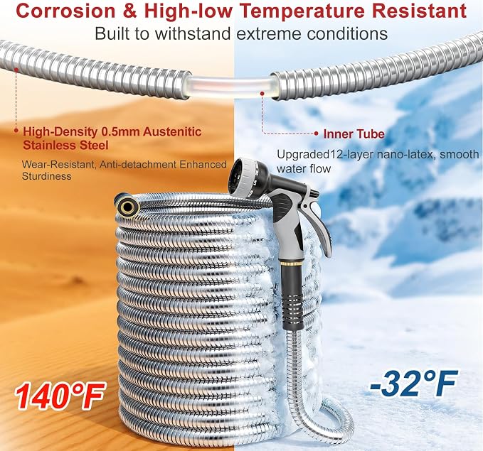 Lefree 100ft Metal Garden Hose - 304 Stainless Steel Water Hose | Flexible Heavy Duty No Kink Leak Proof with Upgraded Handle & 10 Function Spray Nozzle for Yard RV Pet Bath
