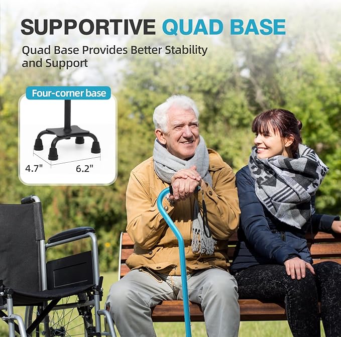 BeneCane Quad Cane Adjustable Walking Cane with Offset Soft Cushioned Handle for Men & Women Lightweight Comfortable with 4-Pronged feet for Extra Stability
