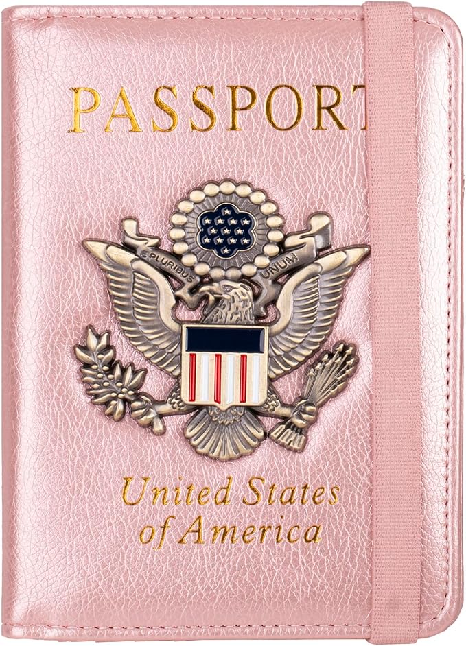 TOURSUIT RFID Blocking Passport Holder, Leather Travel Wallet, Rose Gold | Travel Document Holder Cover Accessories, 3D Metal Badge, For Women Men