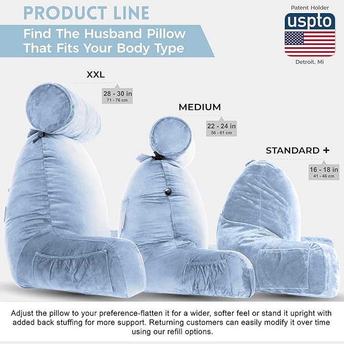Husband Pillow Sky Blue, Original Reading Pillow in Bed Rest Chair, Shredded Memory Foam Large Lounge Cushion Adult Backrest with Arms, Comfy Back Support for Sit Sitting Up, Wash/Removable Cover