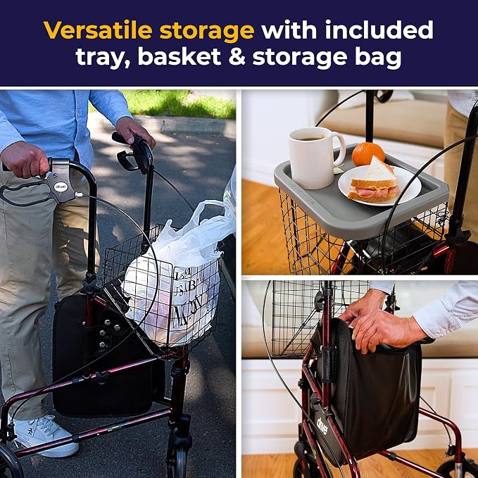 Drive Medical Deluxe Foldable Rollator Walker, Black and Red | Folding Rollator Walker with Padded Seat and Backrest for Compact Storage and Easy Everyday Mobility Support