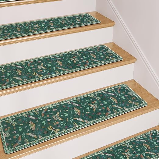 OJIA Insect Stair Treads Non Slip 15PC 8"x30" Stair Runner for Wooden Steps | Indoor Carpet Stair Treads Rubber Stair Mats Residue-Free Staircase Step Treads for Kids, Elders, Pets, Dark Green