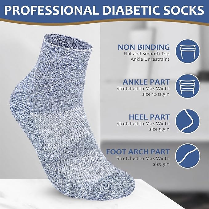 Bulinlulu Bamboo Viscose Diabetic Socks, 6 Pairs Non Binding Ankle Socks, Reinforced Toe, Size 6-9/9-11/13-15