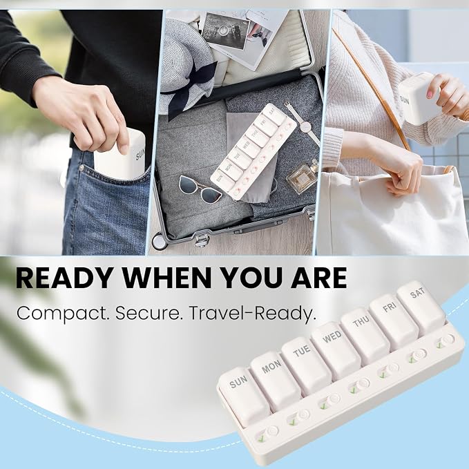 Weekly Pill Organizer with Taken/Untaken Tracker, 7 Day Daily Pill Box for Vitamins Medication Supplements, Large Compartments, Easy Open Leak-Proof Portable Travel Pill Container, BPA Free,White