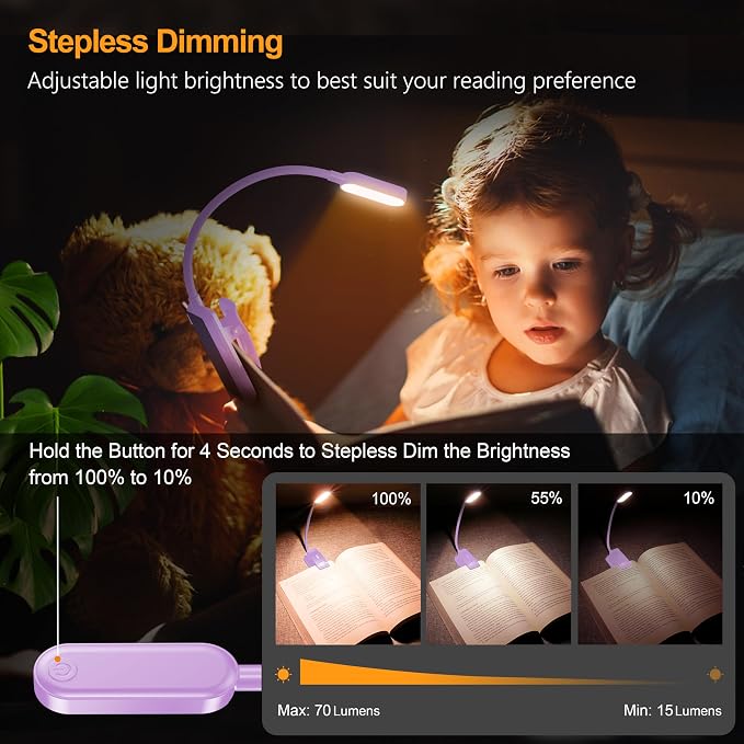 Gritin 16 LED Rechargeable Book Light for Reading in Bed | Eye Caring 3 Color Temperatures, Stepless Dimming Brightness, 80 Hrs Runtime, Lightweight Flexible Clip on Light-Purple