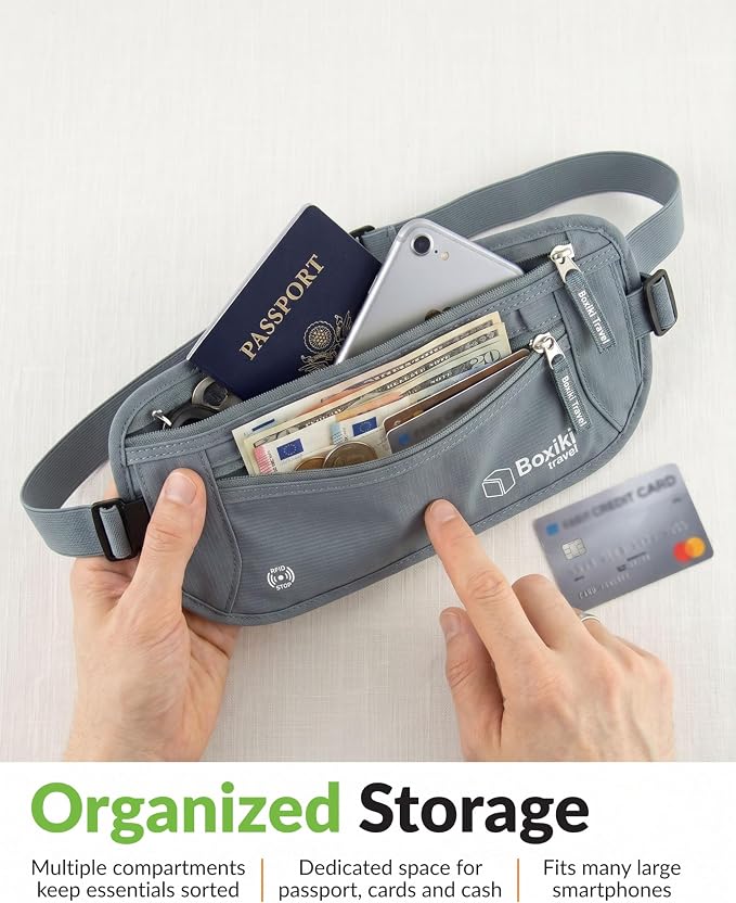 Money Belt for Travel w/RFID Blocking Technology - Hidden Travel Money Pouch for Cash, Credit Cards, Passport, and Travel Valuables - Secure Water Resistant Money Belt for Men & Women - Gray