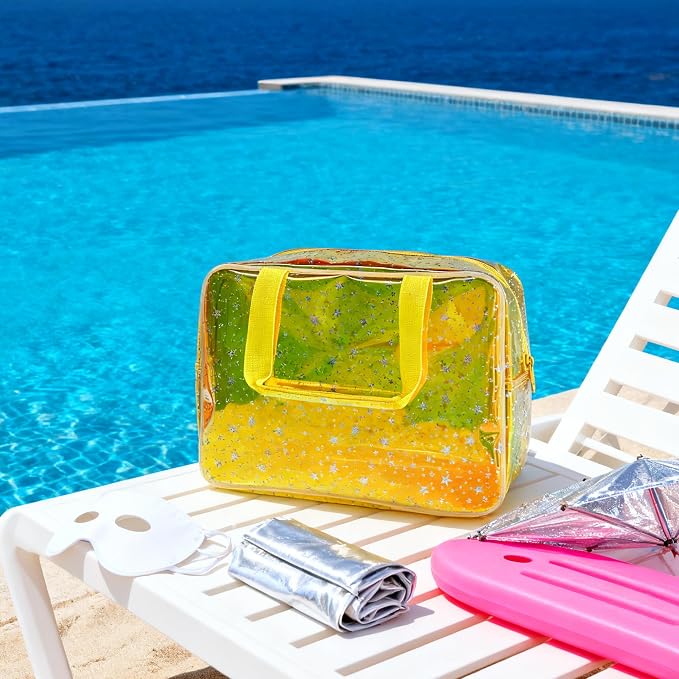 Holographic Yellow Clear Star Large Cosmetic Bag and TPU Travel Pouch with Handle,Durable Material,Zipper Design-Ideal for Makeup,Travel Essentials (Yellow)