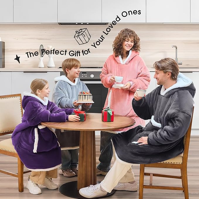 JOYWOO Oversized Wearable Blanket Hoodie,Cat lovers Long Hoodie Blanket for Adult,Birthday Gifts for Women Men Mom,Cozy Fuzzy Sherpa Fleece Sweatshirt Hooded Blanket with Giant Pocket Gifts, Grey
