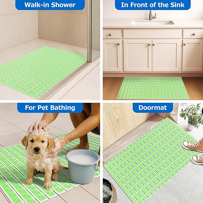 Non Slip Rubber Bathtub & Shower Mat - Fast Drain & Upright Drying Design, Strong Suction Cups, Structured Textured Surface, Low-Maintenance Bathroom Safety Mat, 27 x 16 Inch, Mint Green, Matace