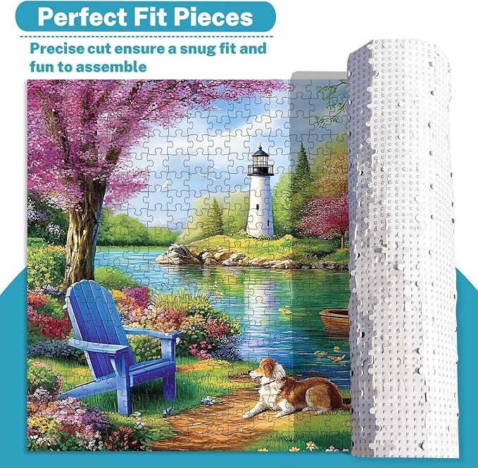 500 Piece Puzzle for Adults, Lighthouse Lake Landscape Jigsaw Puzzle with Dog, Garden Boat Scene, Puzzles for Adults 500 Pieces with Letters on Back, Cozy Nature Gift 20.5 x 15 in