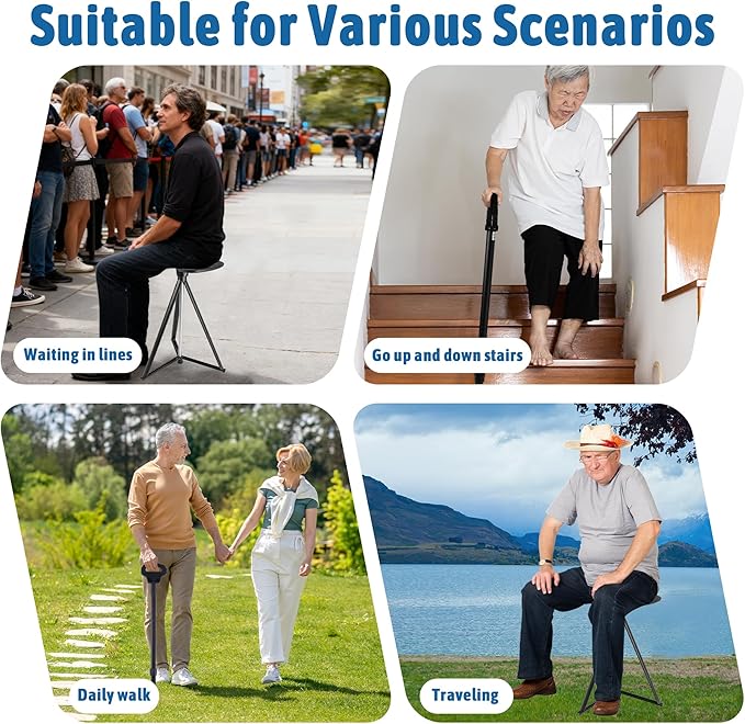 ALEVMOOM Walking Cane with Seat Folding Lightweight, Cane Stool for Adults, Aluminum Walking Chair Capacity 330lb Portable Seat for Senior, with Carry Bag