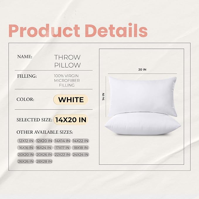 Utopia Bedding 14x20 Pillow Inserts, White Throw Pillows for Couch, 2 Pack | Indoor cushion inserts for bed, sofa & couch, Supportive & fluffy decorative pillows for everyday comfort, Set of 2, White
