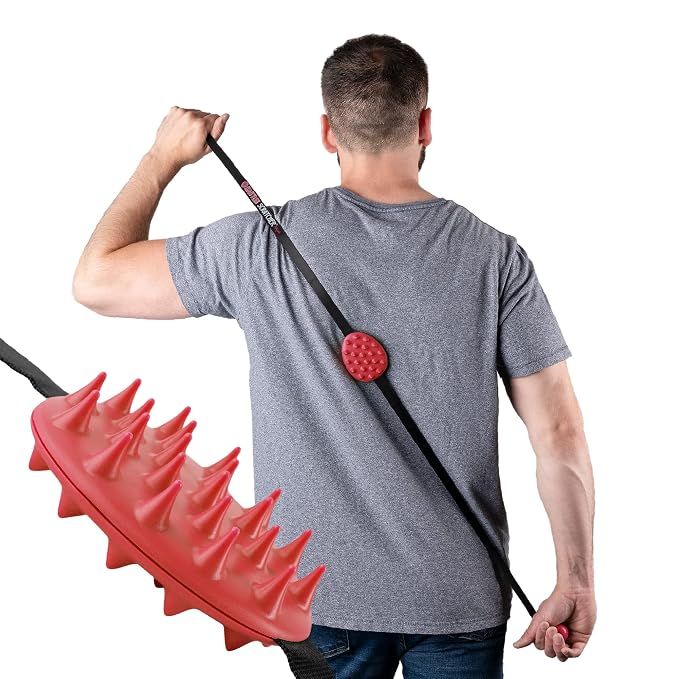 2-Hand Mini Back Scratcher - 2-Sided Back Scratching Tool for Hard-to-Reach Area, Durable 45" Strap with Ball Handles for Towel Like Operation, Universal Gifts for Men and Women, Red